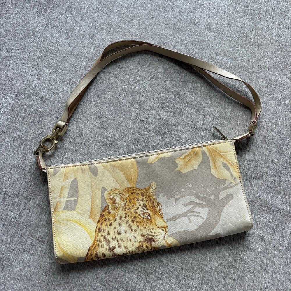 Rare!! Salvatore Ferragamo leather-trimmed leopard print canvas shoulder bag